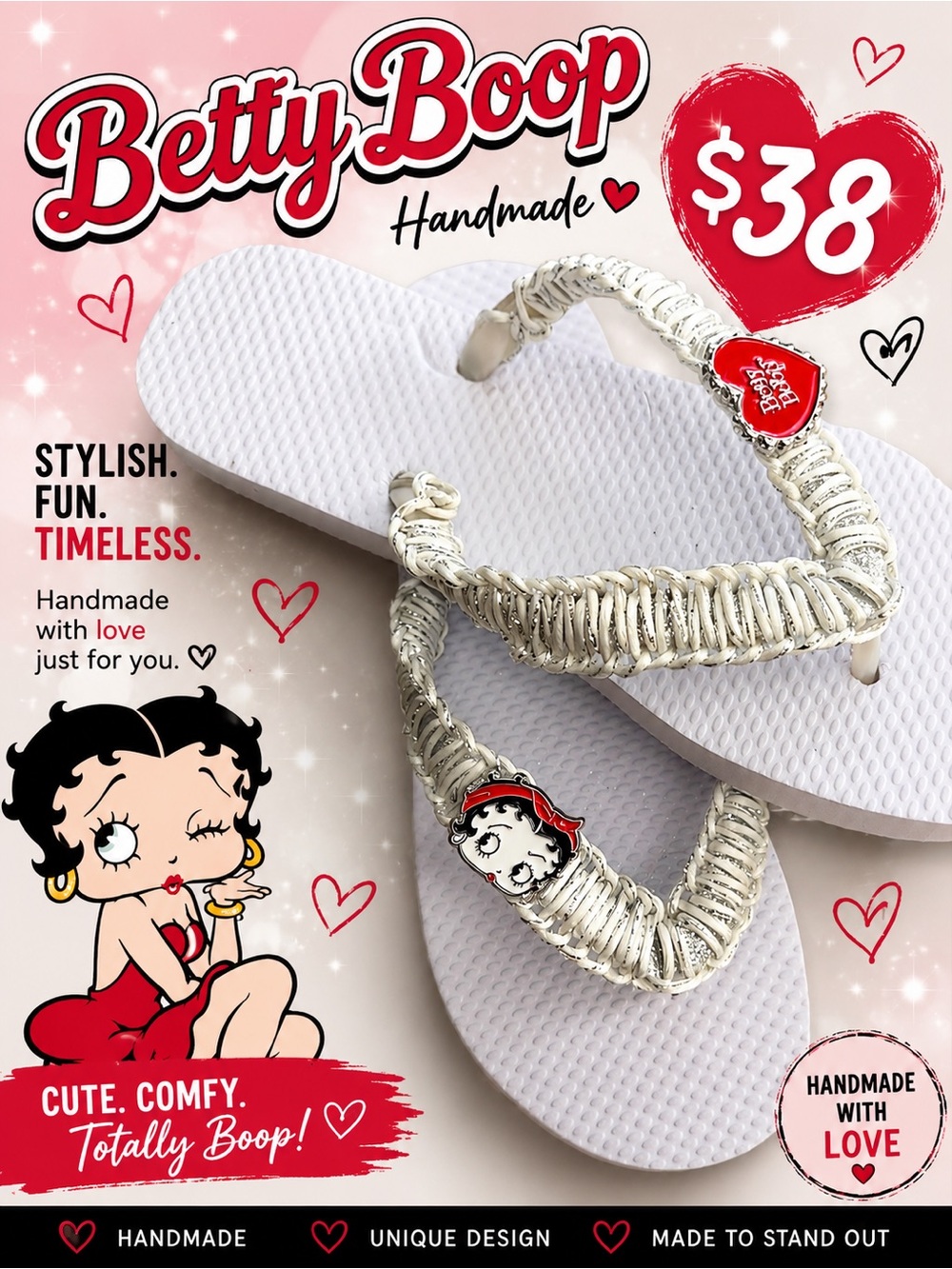 🩷. S-06. Betty Boop White Braided Strap Kids Flip Flops with Red Charm